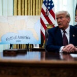 A Gulf of America map is seen as President Donald Trump speaks.