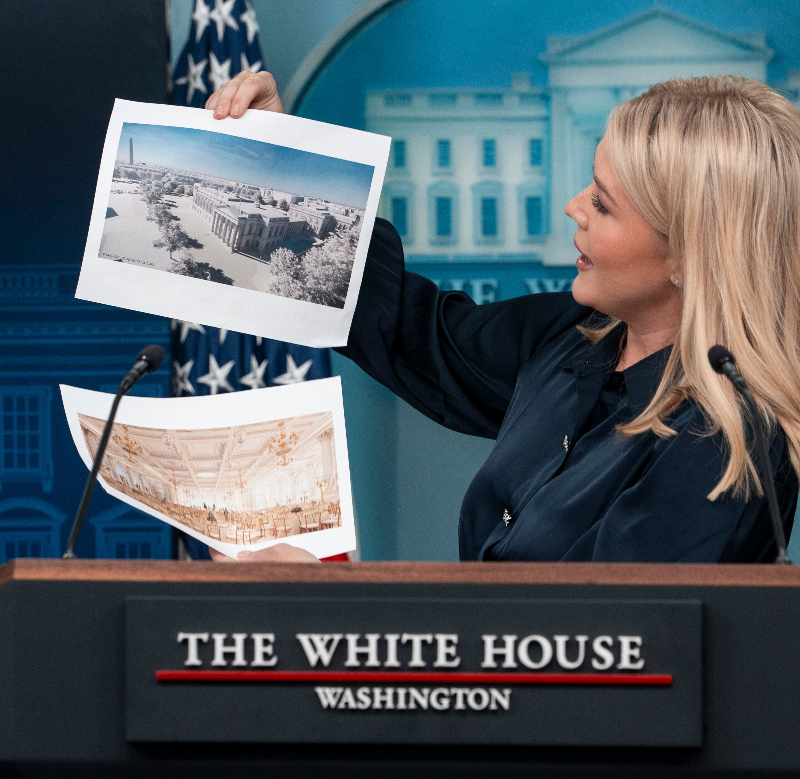 White House Press Secretary Karoline Leavitt shows renderings of the proposed East Wing ballroom to reporters. 