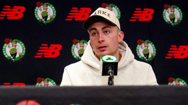 Celtics guard Payton Pritchard during the Boston Celtics end-of-season media availability at the Auerbach Center. -