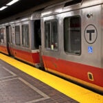 A Red Line MBTA train stopped at the Park Street station in Boston.
