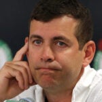 Boston Celtics General Manager Brad Stevens listens to a reporter’s question about the injury to Jason Tatum and his progress. The Boston Celtics held a media availability and a practice session at the Auerbach Center featuring new draft players and rookies practicing before going to Las Vegas to play in the Summer League.