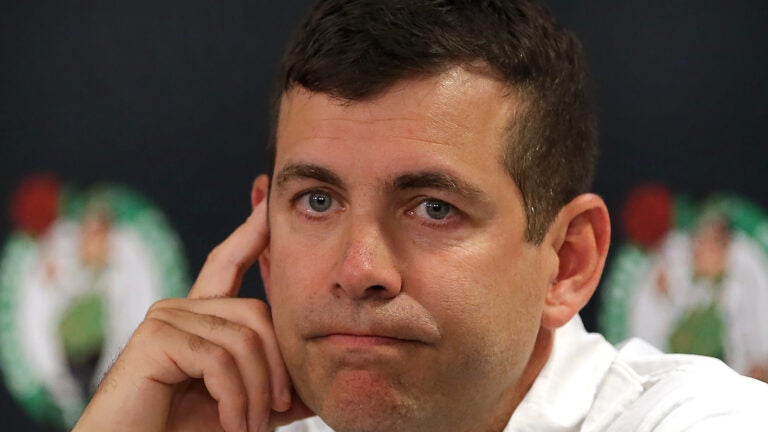 Boston Celtics General Manager Brad Stevens listens to a reporter’s question about the injury to Jason Tatum and his progress. The Boston Celtics held a media availability and a practice session at the Auerbach Center featuring new draft players and rookies practicing before going to Las Vegas to play in the Summer League.