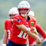 New England Patriots quarterback Drake Maye (10) throws the ball during NFL training camp at Gillette Stadium on Aug. 4, 2025.